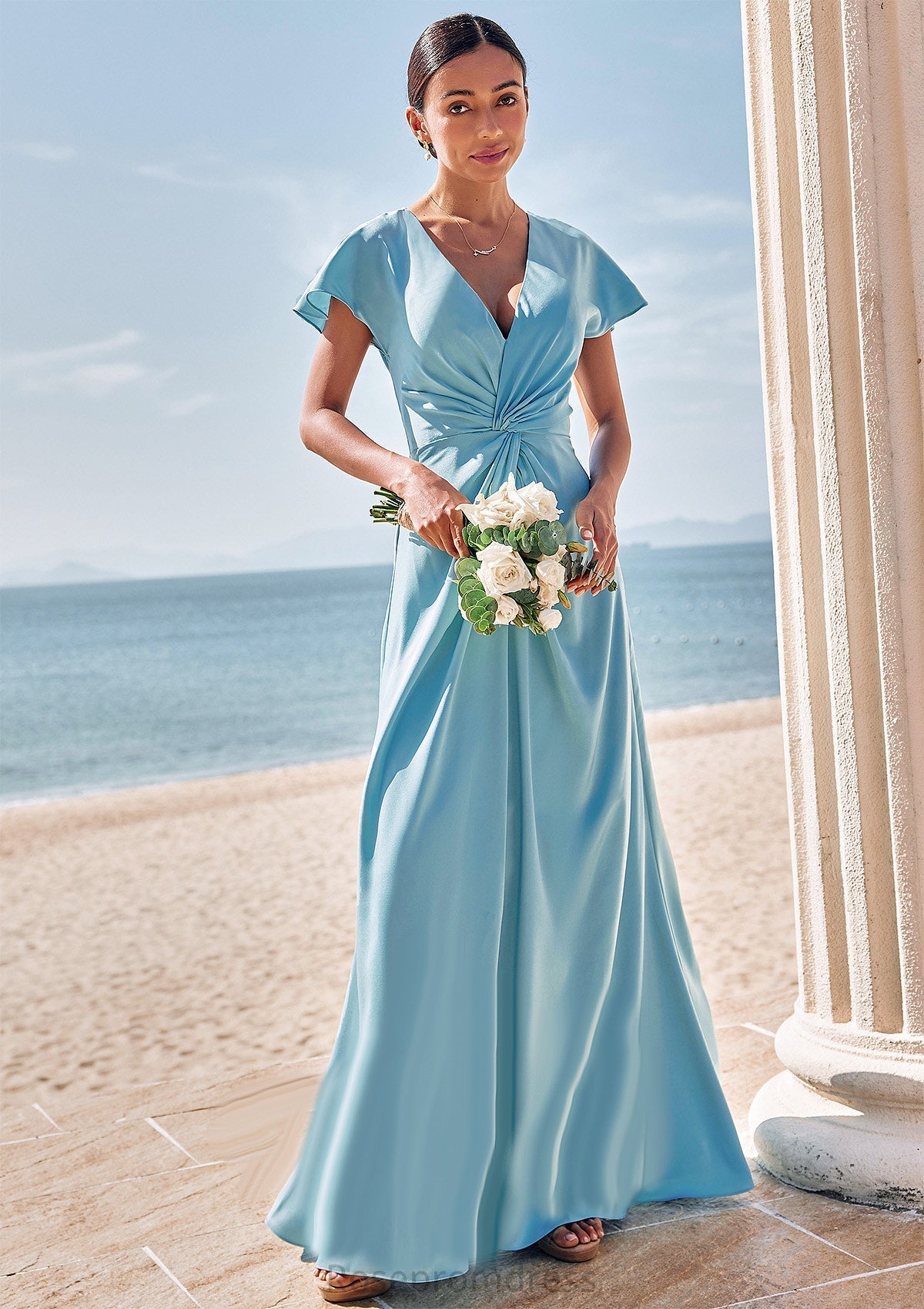Sheath/Column V Neck Short Sleeve Floor-Length Stretch Satin Bridesmaid Dresses with Pleated Jimena SRSP0025225