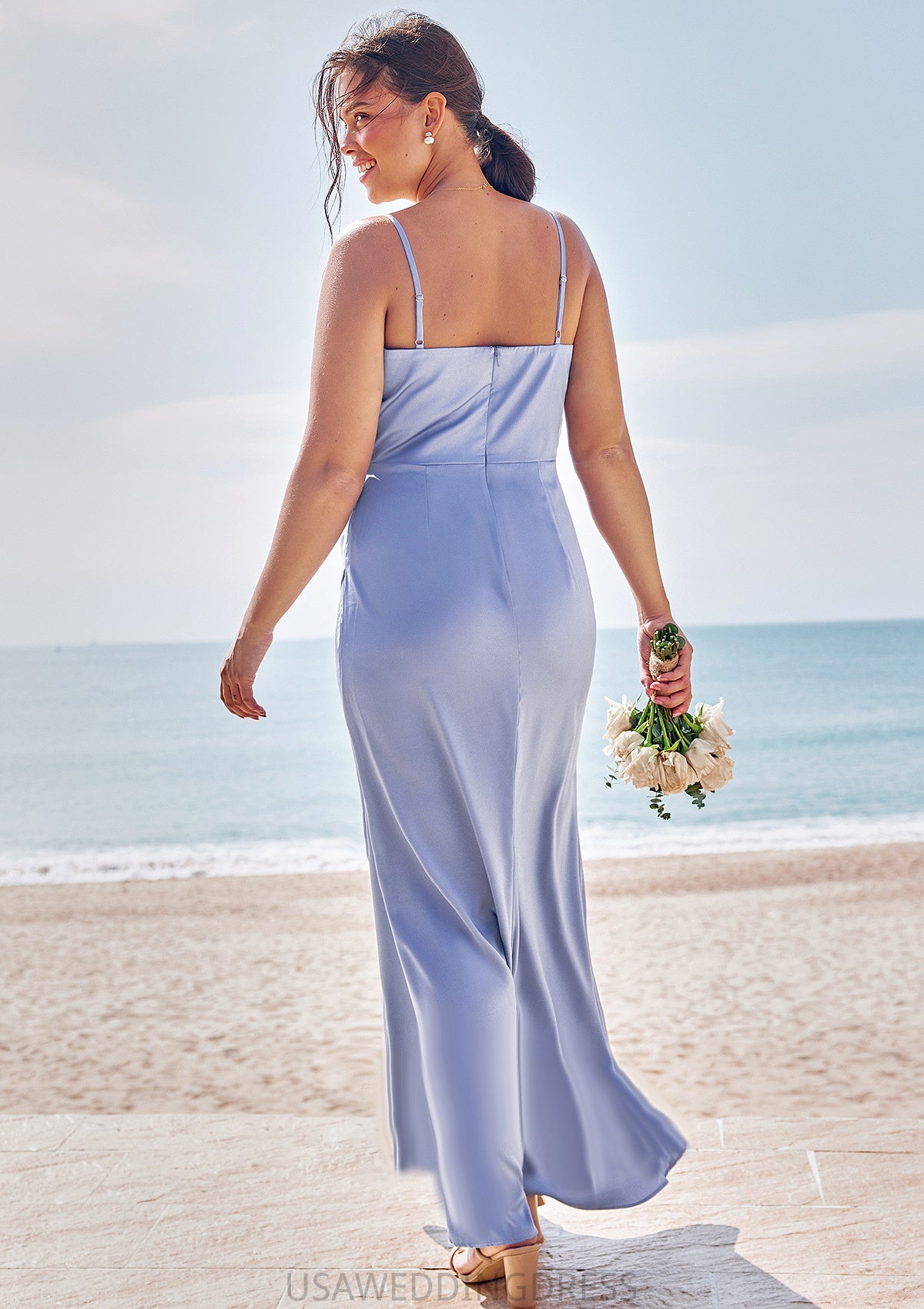 Sheath/Column V Neck Sleeveless Floor-Length Stretch Satin Bridesmaid Dresses with Pleated Split Brielle DSP0025227