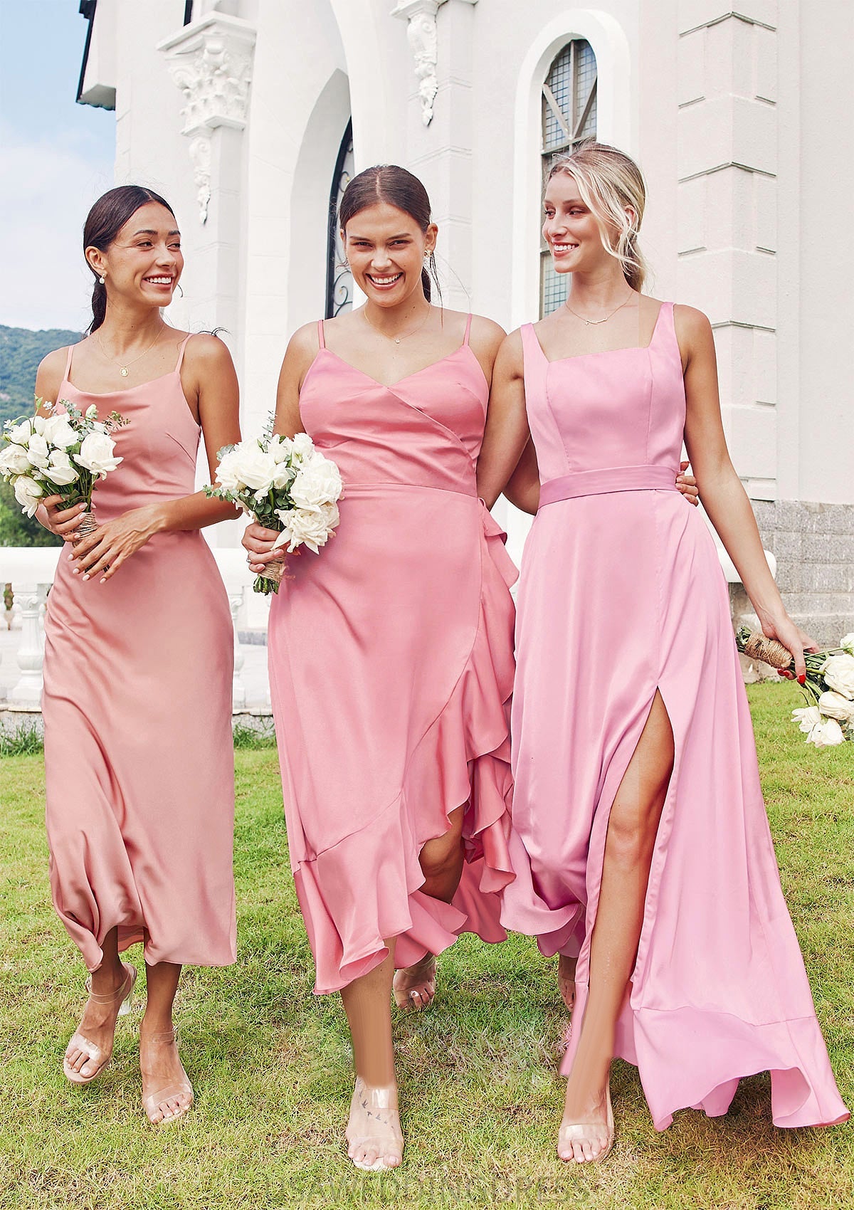 A-line Square Neckline Sleeveless Ankle-Length Stretch Satin Bridesmaid Dresses Kit DSP0025231