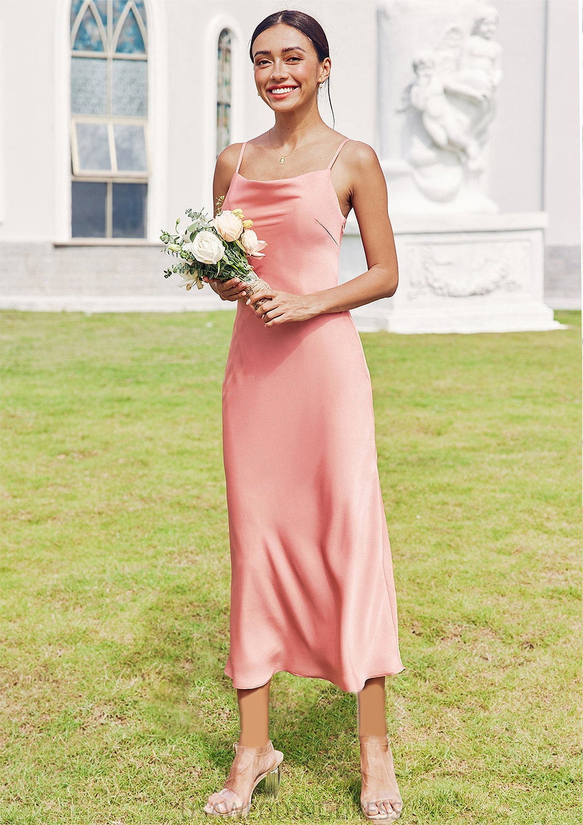 Sheath/Column Cowl Neck Sleeveless Tea-Length Stretch Satin Bridesmaid Dresses Krista DSP0025232