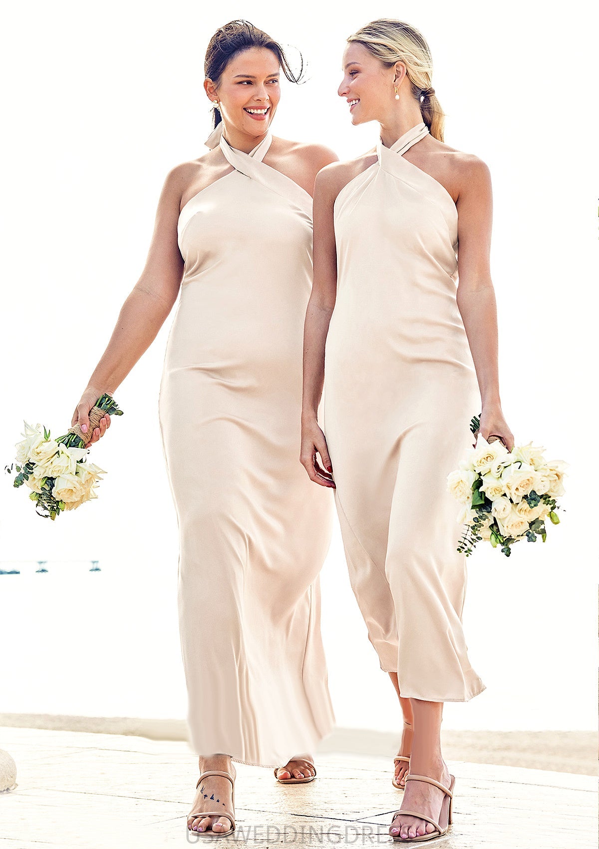 Sheath/Column Halter Sleeveless Ankle-Length Stretch Satin Bridesmaid Dresses with Bowknot Ansley DSP0025236
