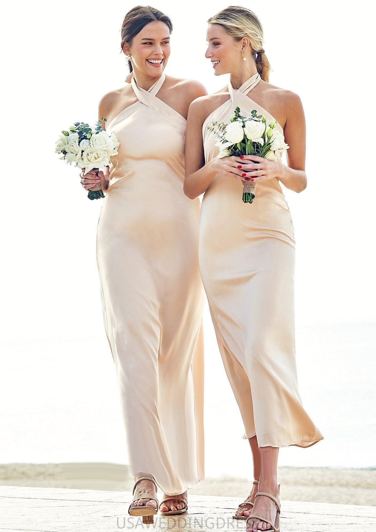 Sheath/Column Halter Sleeveless Ankle-Length Stretch Satin Bridesmaid Dresses with Bowknot Ansley DSP0025236