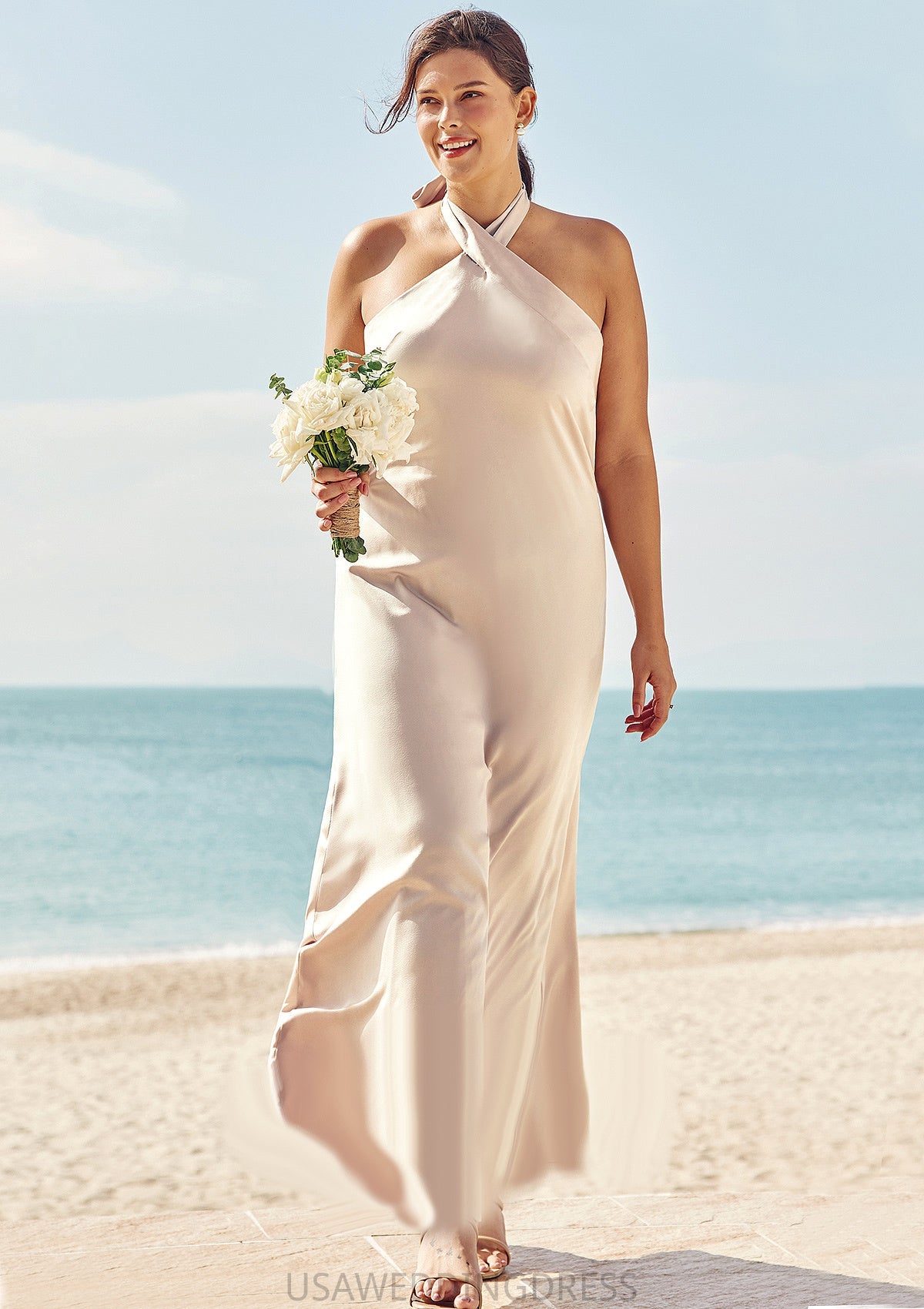 Sheath/Column Halter Sleeveless Ankle-Length Stretch Satin Plus Size Bridesmaid Dresses with Bowknot Fatima DSP0025237
