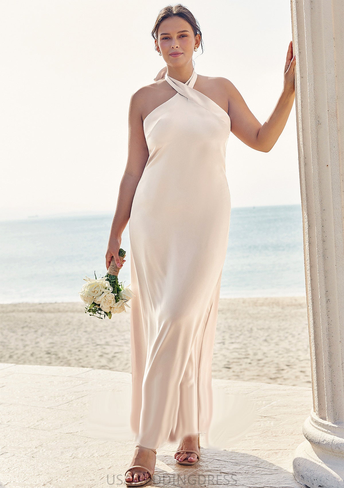 Sheath/Column Halter Sleeveless Ankle-Length Stretch Satin Plus Size Bridesmaid Dresses with Bowknot Fatima DSP0025237