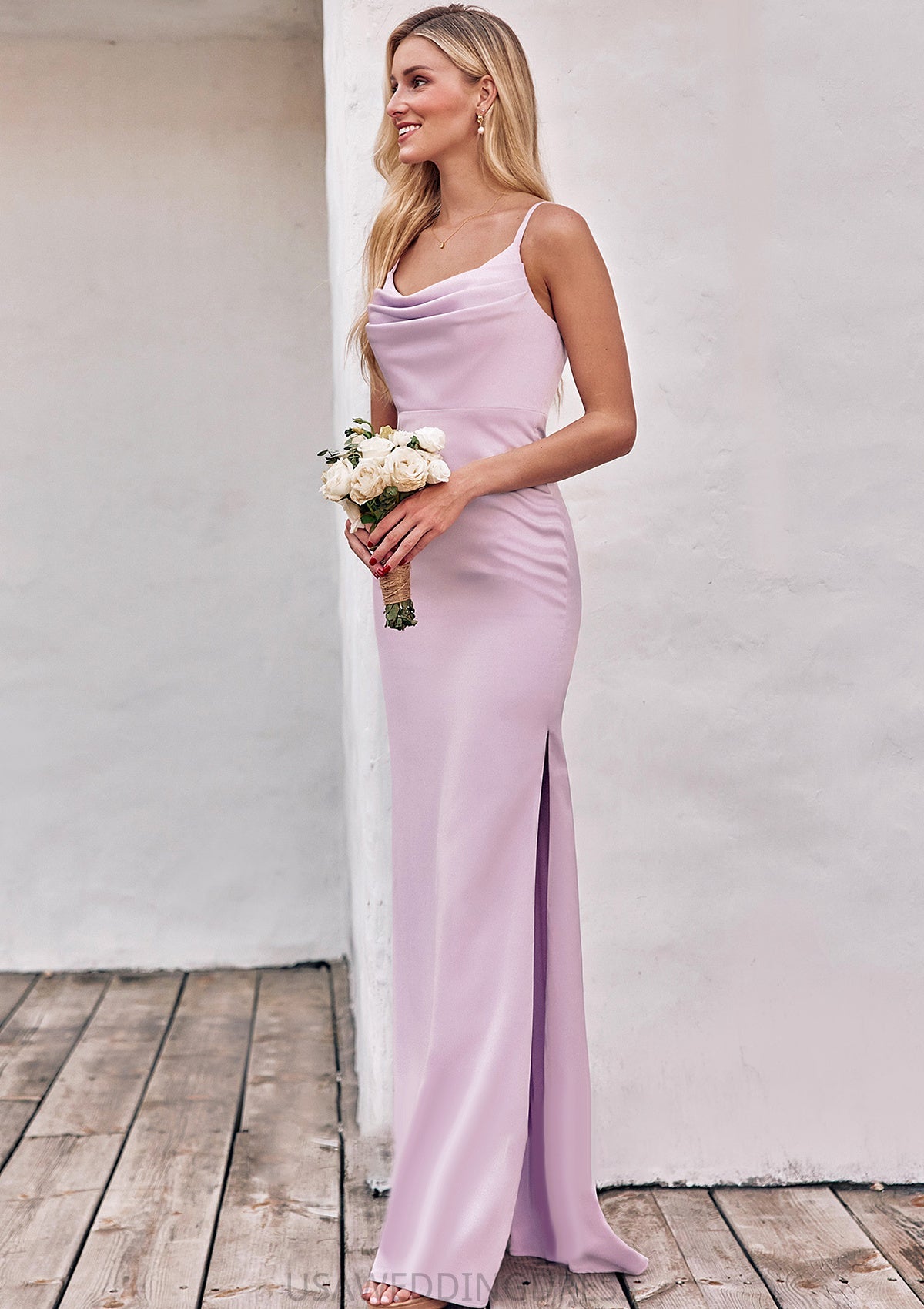 Sheath/Column Cowl Neck Sleeveless Floor-Length Stretch Satin Bridesmaid Dresses with Pleated Split Maria DSP0025242