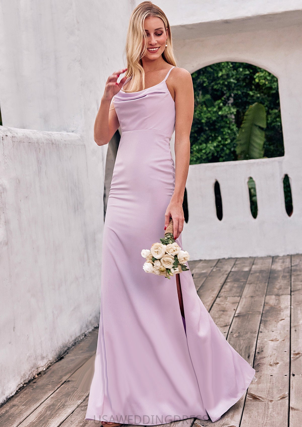 Sheath/Column Cowl Neck Sleeveless Floor-Length Stretch Satin Bridesmaid Dresses with Pleated Split Maria DSP0025242