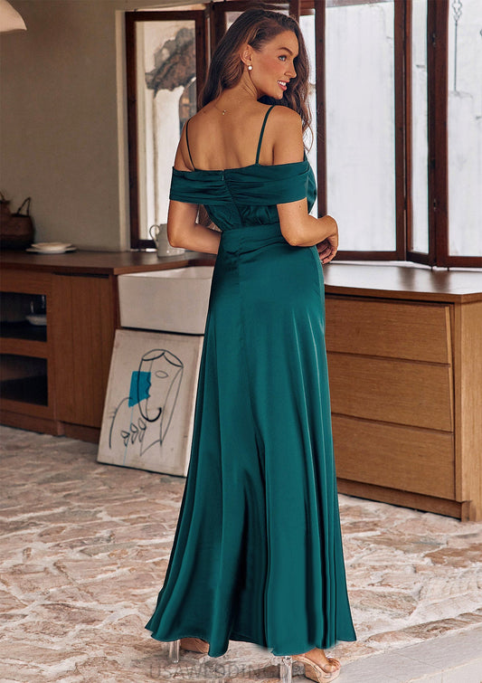 A-line Off-the-Shoulder Sleeveless Floor-Length Stretch Satin Bridesmaid Dresses with Pleated Julianne DSP0025243