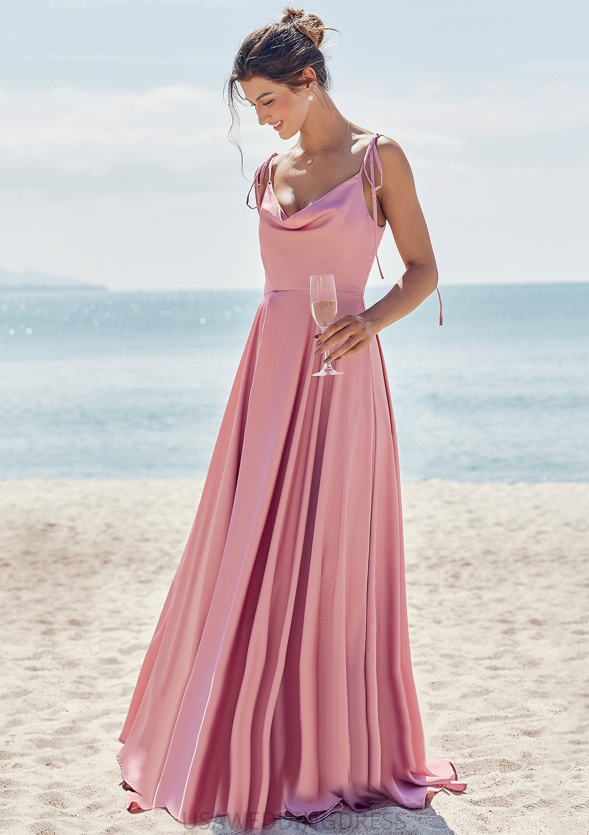 A-line V Neck Sleeveless Floor-Length Stretch Satin Bridesmaid Dresses with Split Michelle DSP0025247