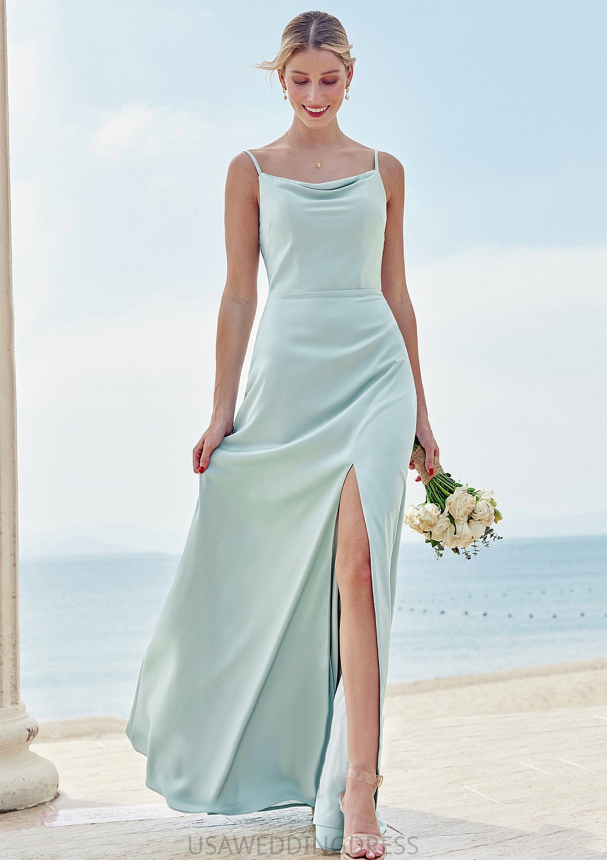 A-line Square Neckline Sleeveless Floor-Length Stretch Satin Bridesmaid Dresses with Split Joyce DSP0025248