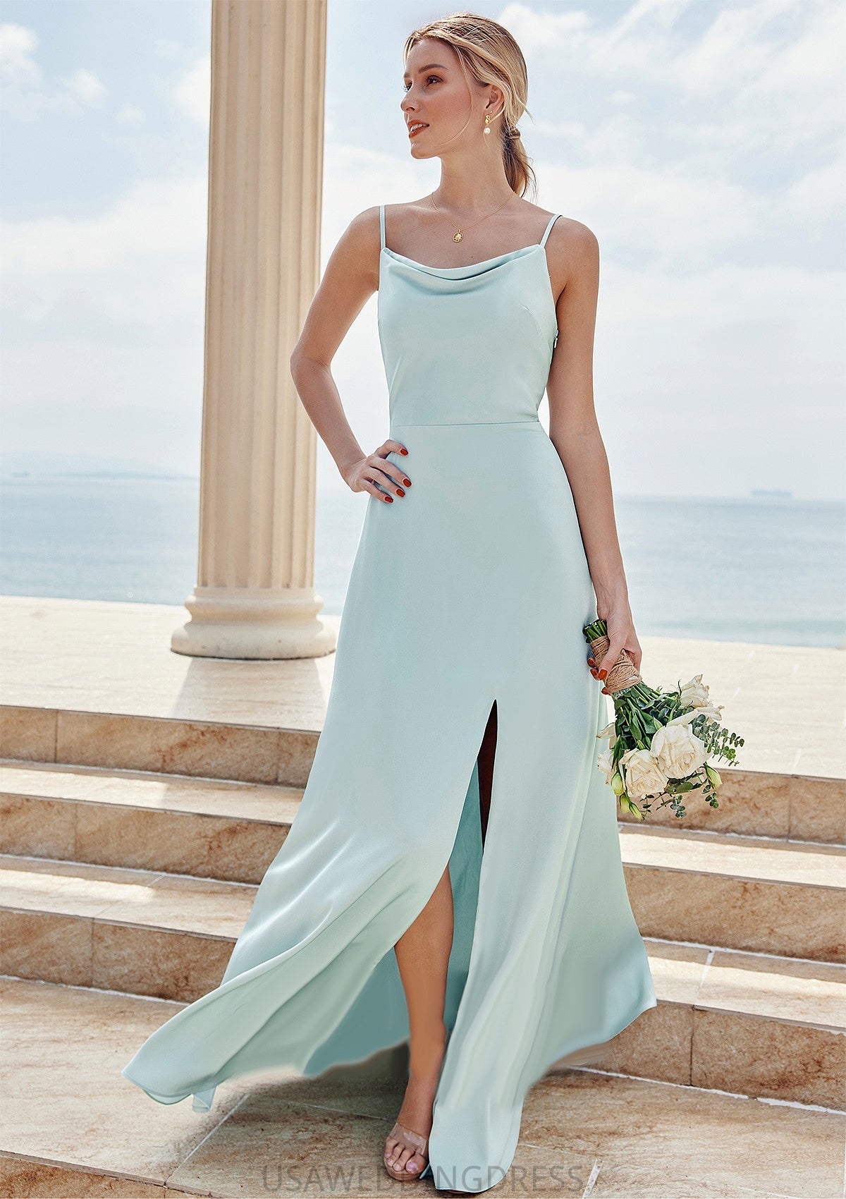 A-line Square Neckline Sleeveless Floor-Length Stretch Satin Bridesmaid Dresses with Split Joyce DSP0025248