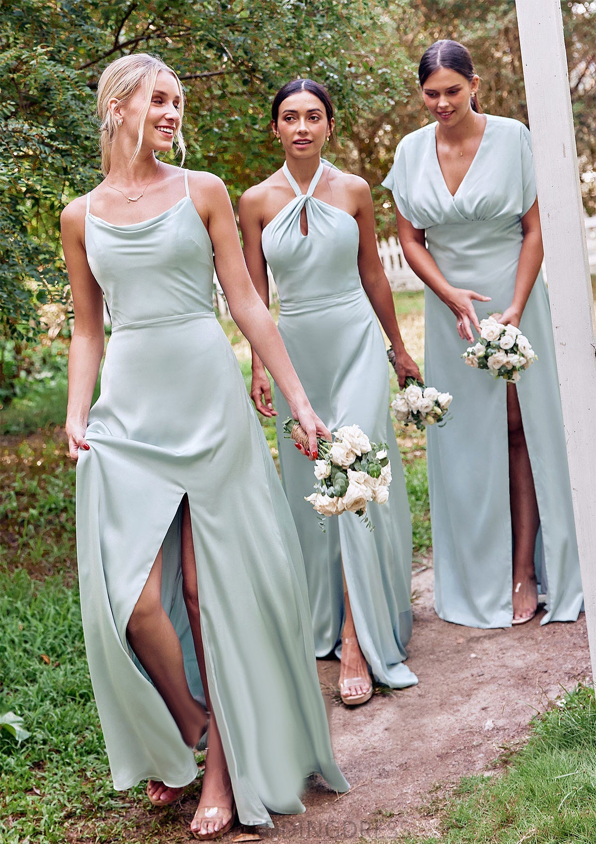 A-line Square Neckline Sleeveless Floor-Length Stretch Satin Bridesmaid Dresses with Split Joyce DSP0025248