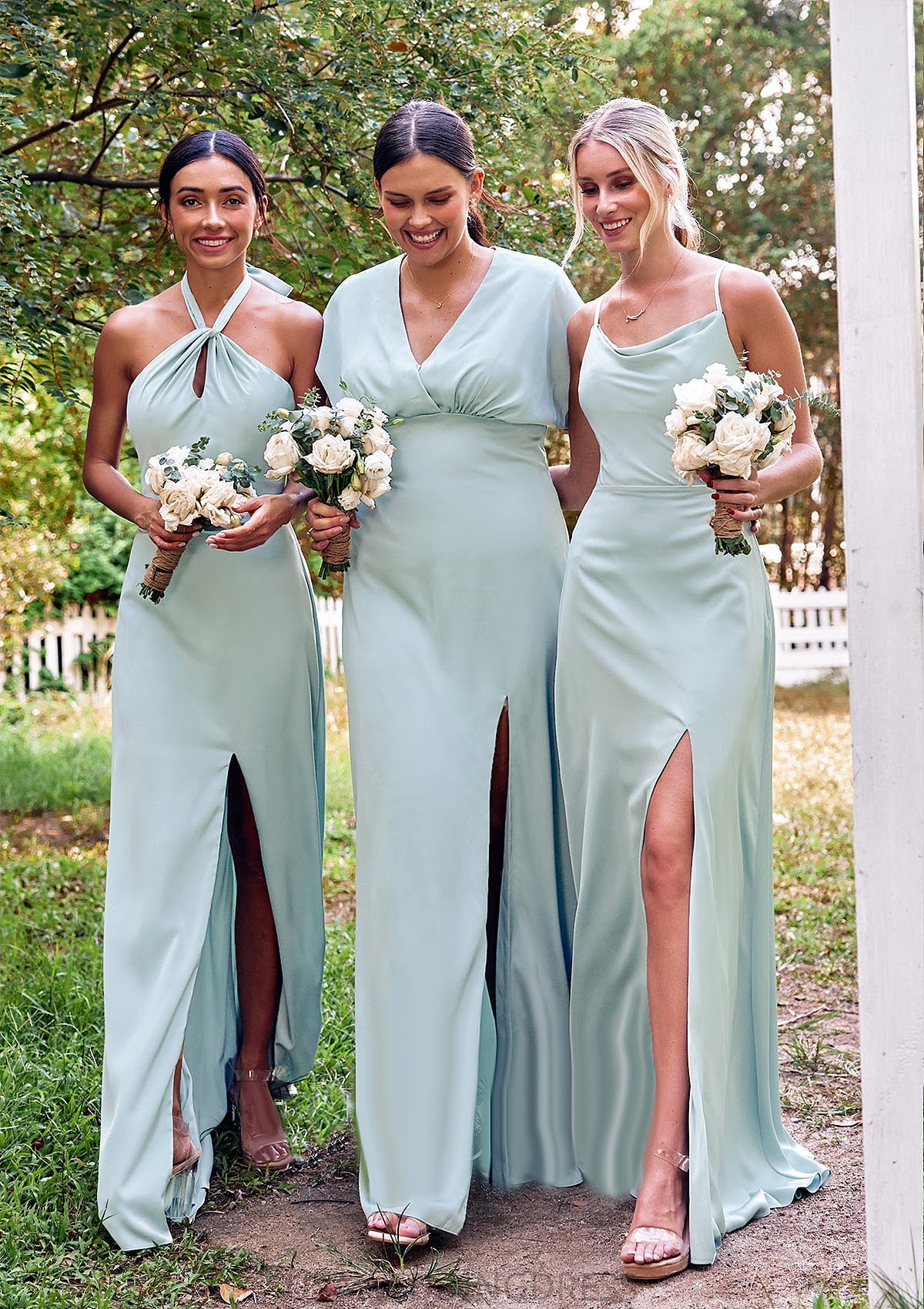 A-line Square Neckline Sleeveless Floor-Length Stretch Satin Bridesmaid Dresses with Split Joyce DSP0025248