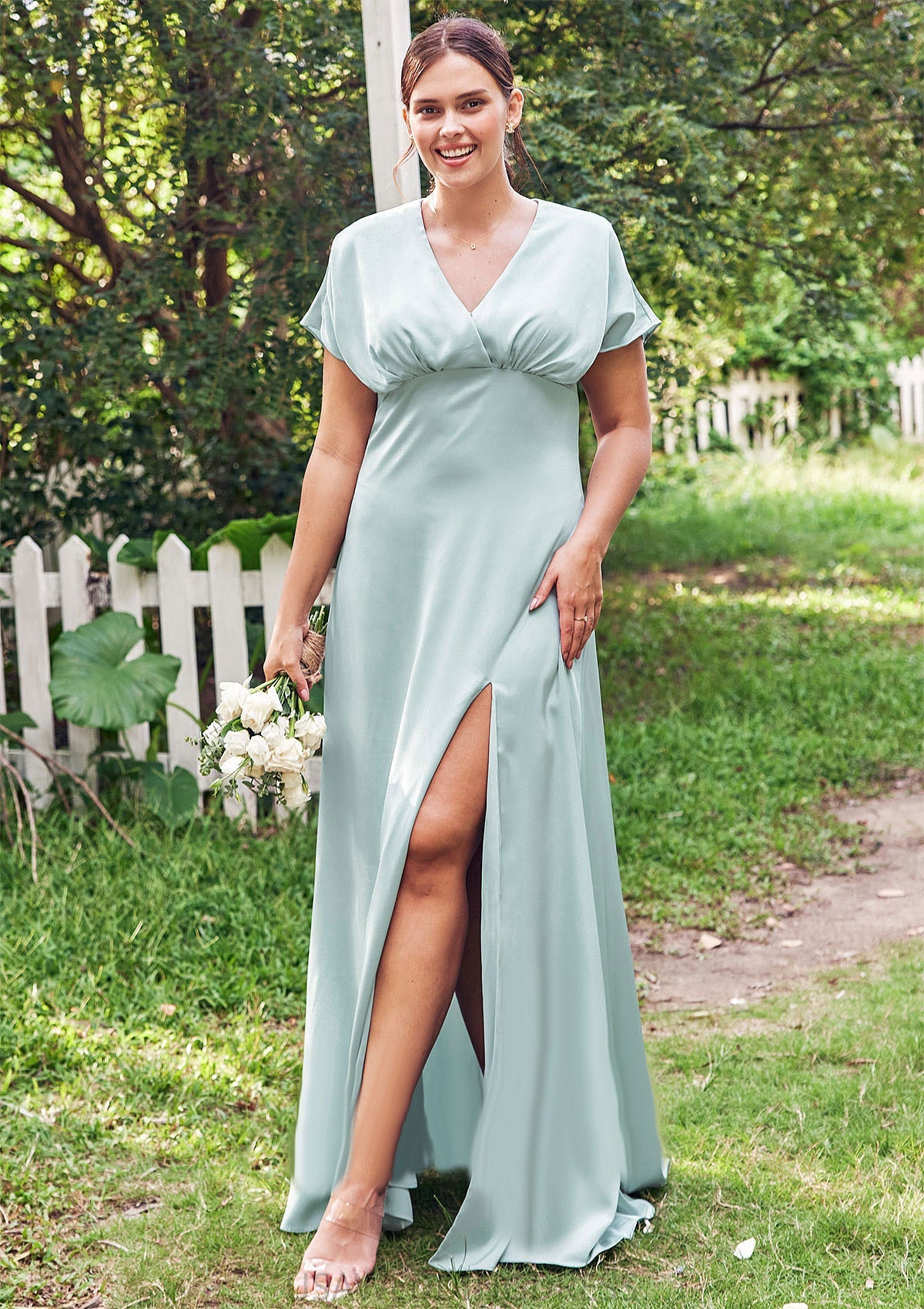 Empire V Neck Short Sleeve Floor-Length Stretch Satin Bridesmaid Dresses with Split Ryleigh DSP0025249