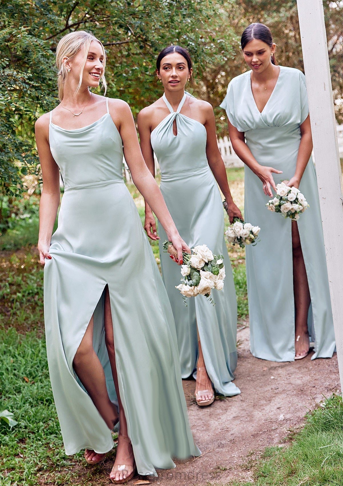 Empire V Neck Short Sleeve Floor-Length Stretch Satin Bridesmaid Dresses with Split Fernanda SRSP0025249