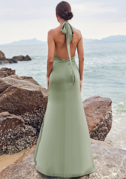 A-line Halter Sleeveless Floor-Length Stretch Satin Bridesmaid Dresses with Split Joselyn DSP0025250
