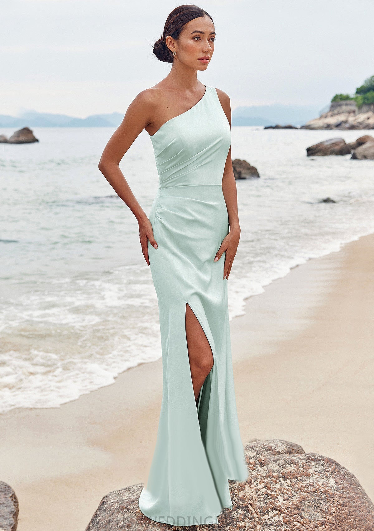 Sheath/Column One-Shoulder Sleeveless Floor-Length Stretch Satin Bridesmaid Dresses with Pleated Split Veronica DSP0025251
