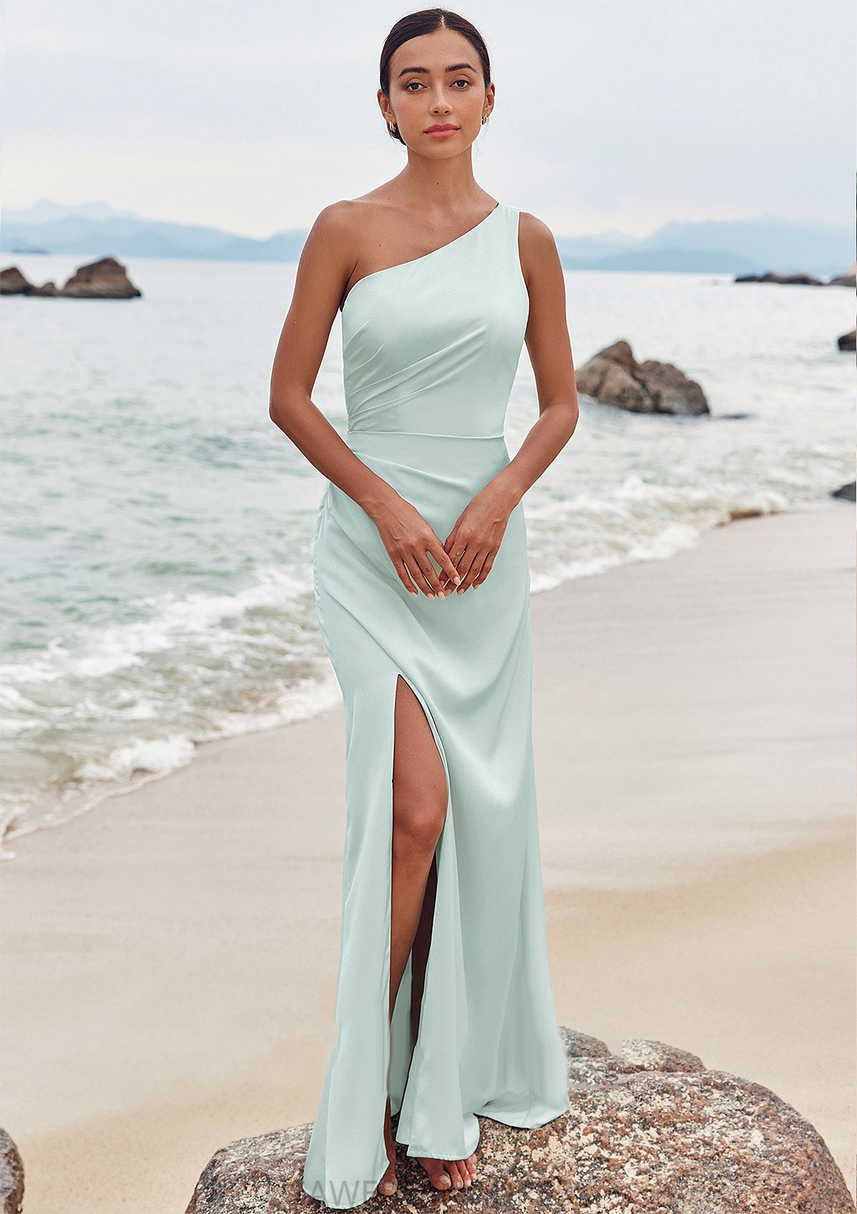 Sheath/Column One-Shoulder Sleeveless Floor-Length Stretch Satin Bridesmaid Dresses with Pleated Split Veronica DSP0025251