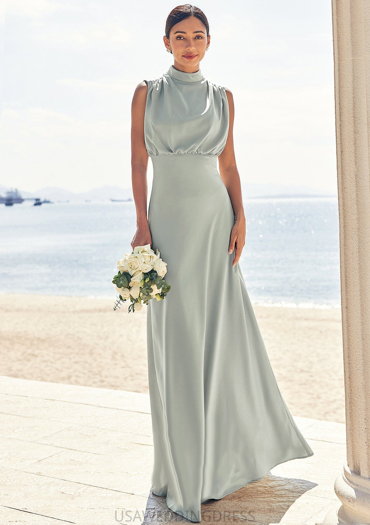 A-line High-Neck Sleeveless Floor-Length Stretch Satin Bridesmaid Dresses Erin DSP0025252