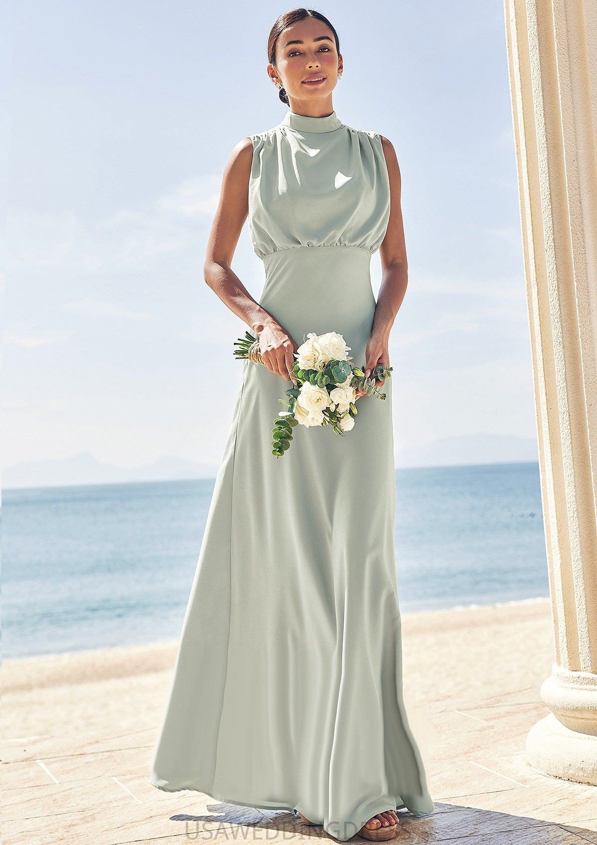 A-line High-Neck Sleeveless Floor-Length Stretch Satin Bridesmaid Dresses Erin DSP0025252