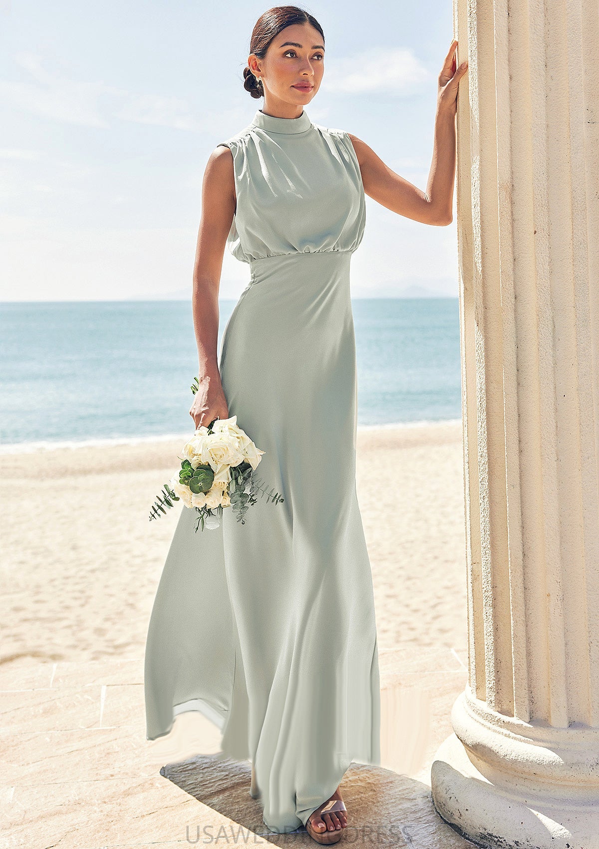 A-line High-Neck Sleeveless Floor-Length Stretch Satin Bridesmaid Dresses Erin DSP0025252