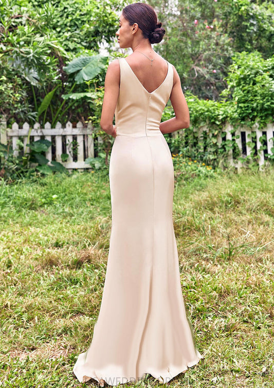 Trumpet/Mermaid V Neck Sleeveless Floor-Length Stretch Satin Bridesmaid Dresses with Pleated Split Isabela DSP0025255