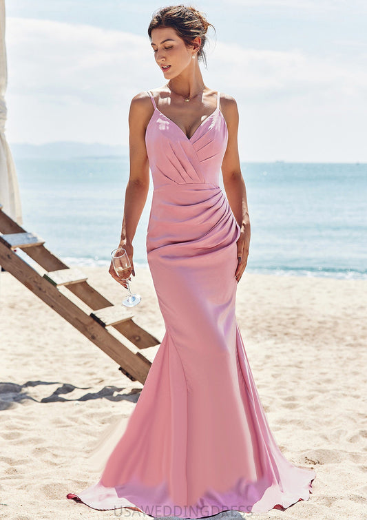 Trumpet/Mermaid V Neck Sleeveless Floor-Length Stretch Satin Bridesmaid Dresses with Pleated Yaritza DSP0025256