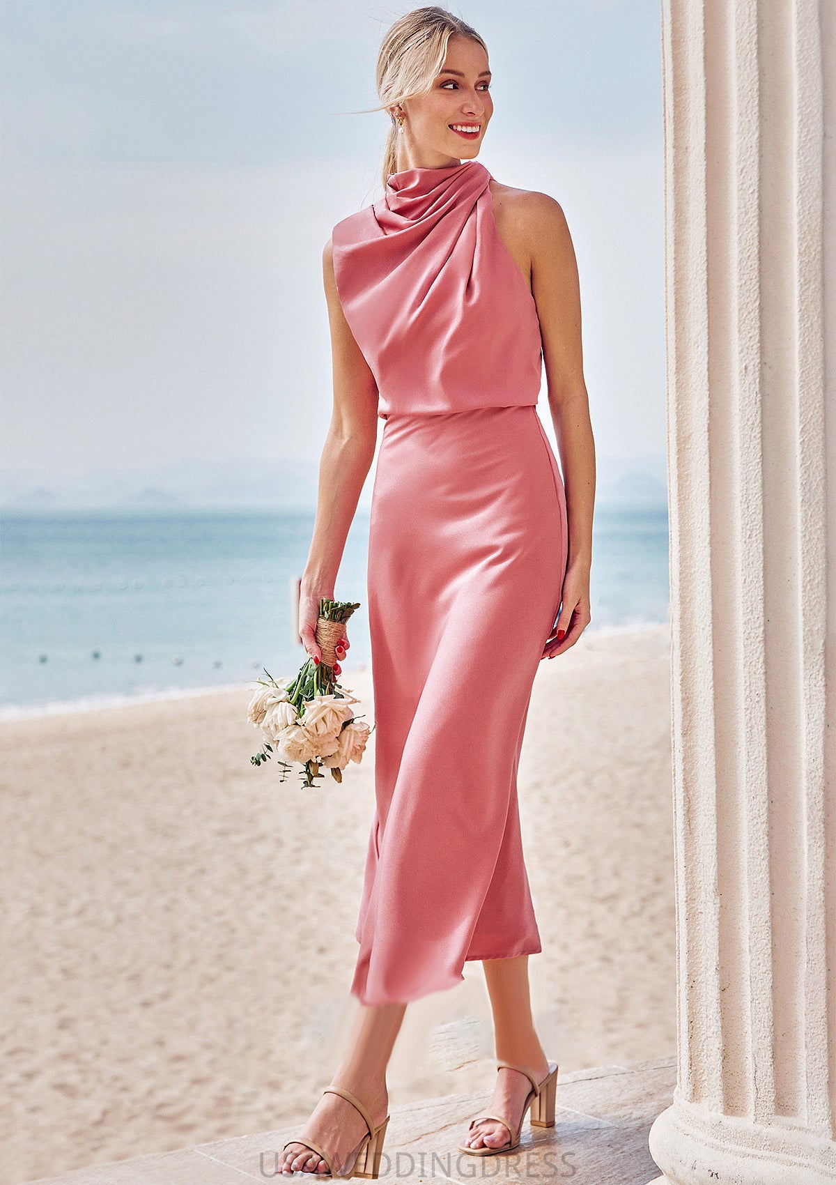 Sheath/Column High-Neck Sleeveless Tea-Length Stretch Satin Bridesmaid Dresses with Pleated Keira DSP0025257