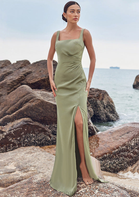 Sheath/Column Square Neckline Sleeveless Floor-Length Stretch Satin Bridesmaid Dresses with Pleated Split Philippa DSP0025258