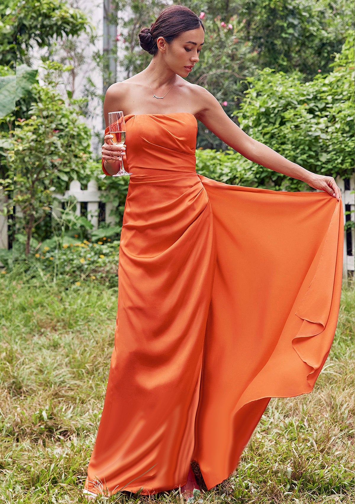 Sheath/Column Strapless Sleeveless Floor-Length Stretch Satin Bridesmaid Dresses with Pleated Side Draping Split Elaina DSP0025259