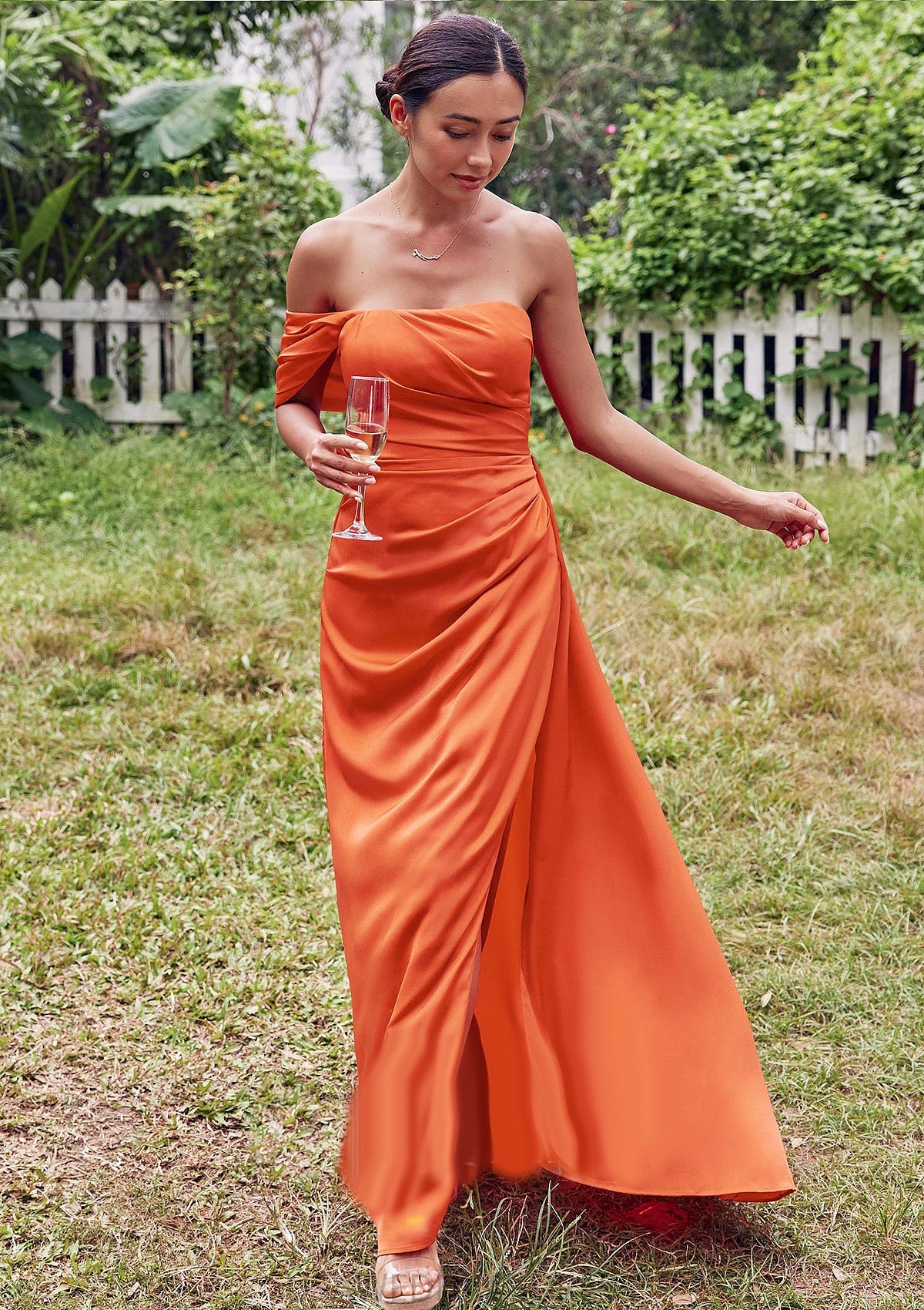 Sheath/Column Strapless Sleeveless Floor-Length Stretch Satin Bridesmaid Dresses with Pleated Side Draping Split Elaina DSP0025259