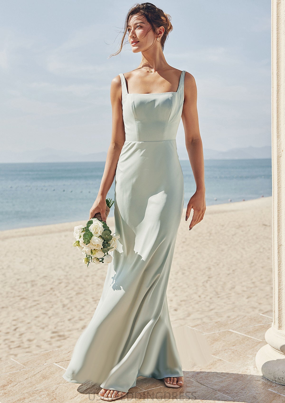 Sheath/Column Square Neckline Sleeveless Floor-Length Stretch Satin Bridesmaid Dresses Madelynn DSP0025262