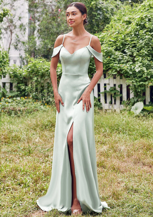 A-line V Neck Sleeveless Floor-Length Stretch Satin Bridesmaid Dresses with Split Aliyah DSP0025263