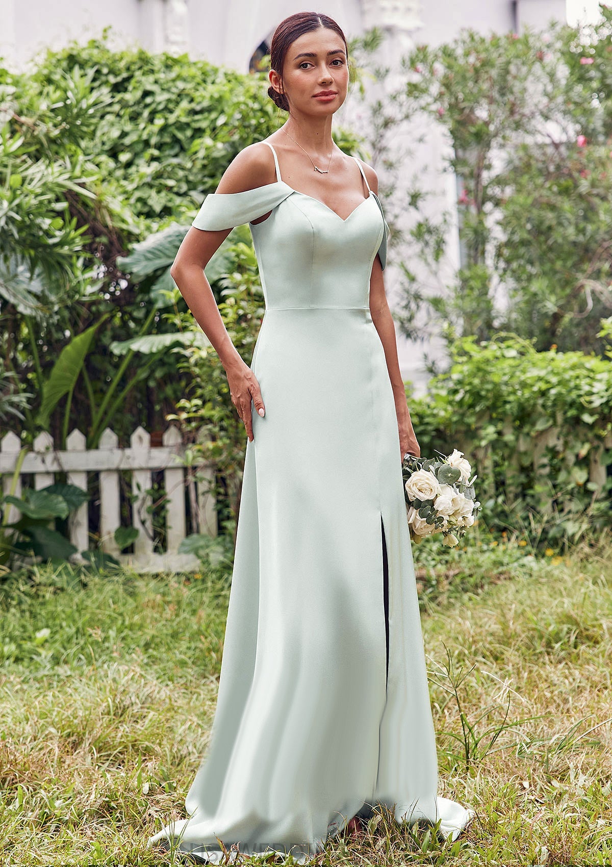 A-line V Neck Sleeveless Floor-Length Stretch Satin Bridesmaid Dresses with Split Aliyah DSP0025263
