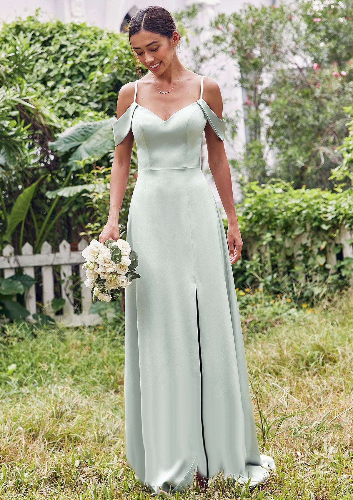 A-line V Neck Sleeveless Floor-Length Stretch Satin Bridesmaid Dresses with Split Aliyah DSP0025263