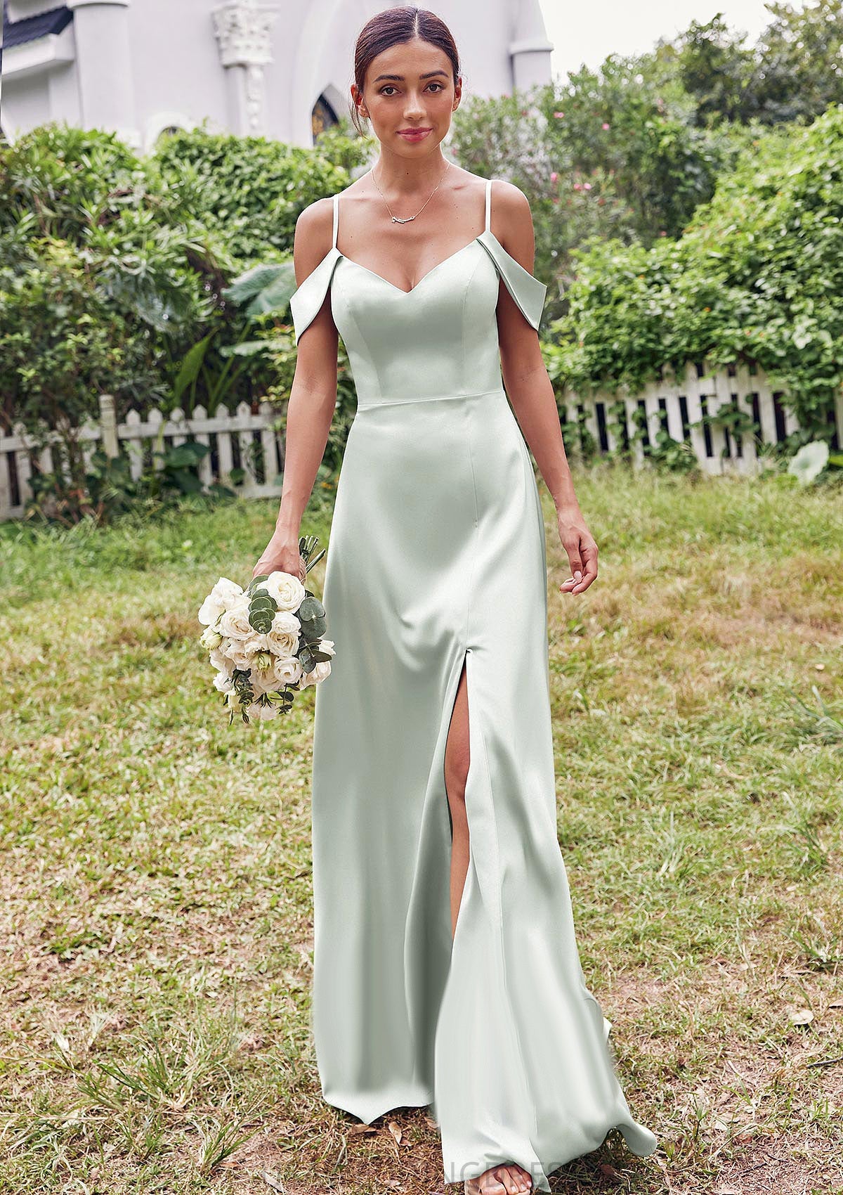 A-line V Neck Sleeveless Floor-Length Stretch Satin Bridesmaid Dresses with Split Aliyah DSP0025263