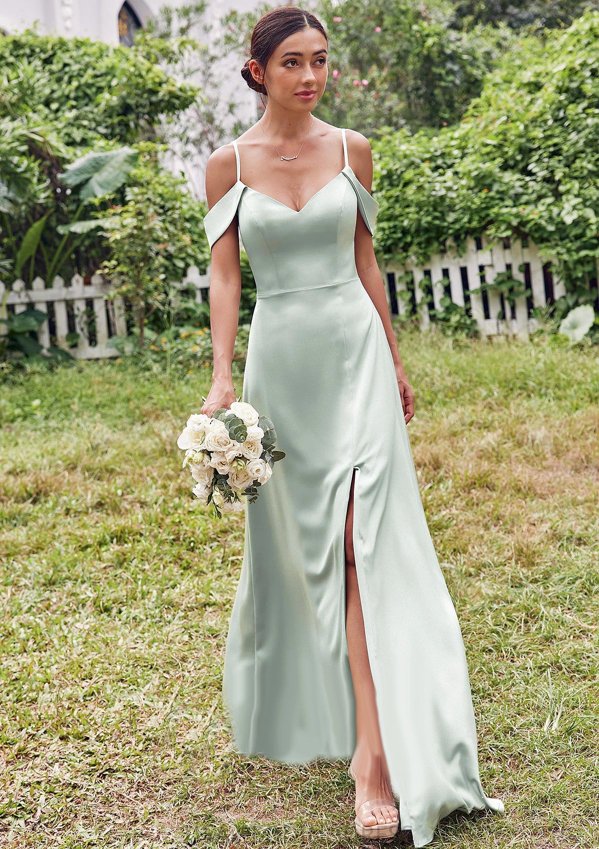 A-line V Neck Sleeveless Floor-Length Stretch Satin Bridesmaid Dresses with Split Aliyah DSP0025263