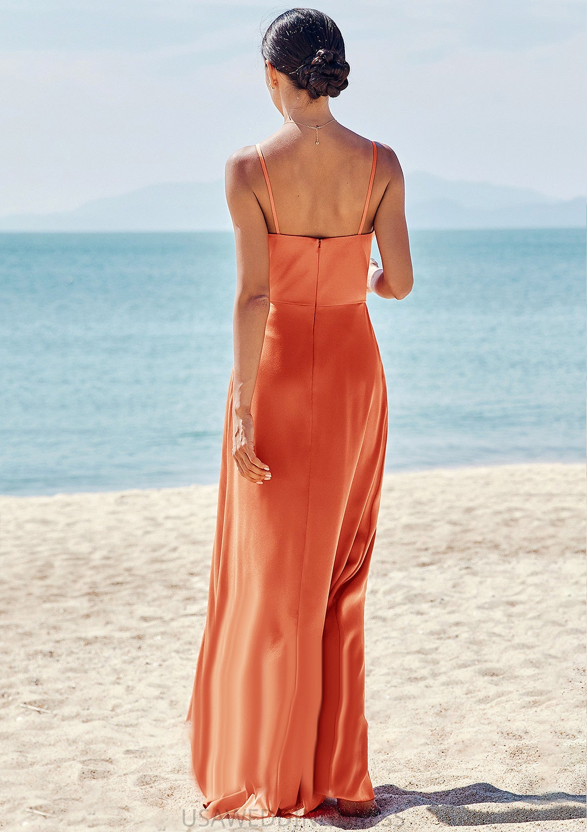 A-line Cowl Neck Sleeveless Long/Floor-Length Stretch Satin Bridesmaid Dresses with Pleated Split Isabelle DSP0025265