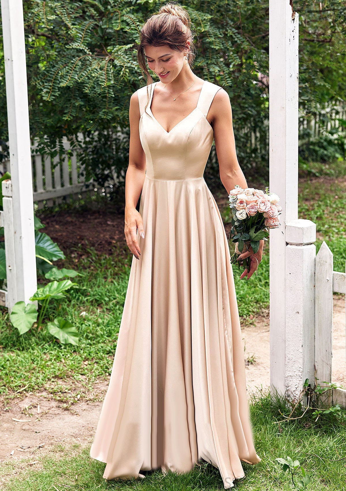 A-line V Neck Sleeveless Floor-Length Stretch Satin Bridesmaid Dresses with Pleated Iris DSP0025266
