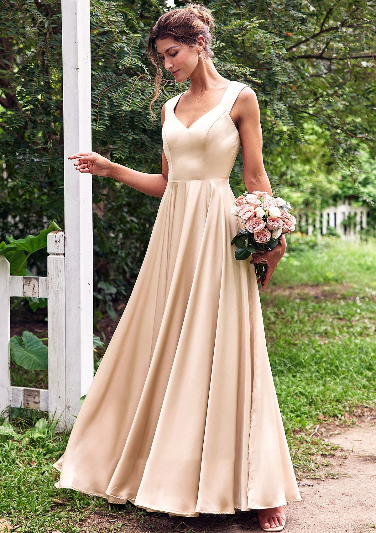 A-line V Neck Sleeveless Floor-Length Stretch Satin Bridesmaid Dresses with Pleated Iris DSP0025266