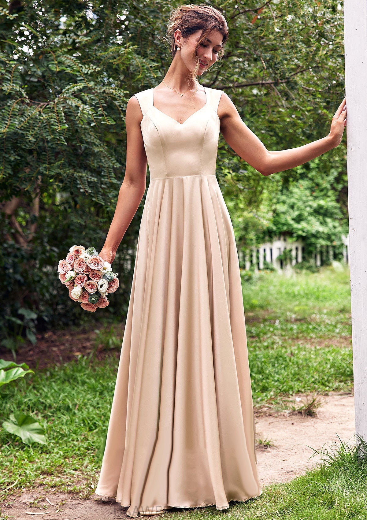 A-line V Neck Sleeveless Floor-Length Stretch Satin Bridesmaid Dresses with Pleated Iris DSP0025266
