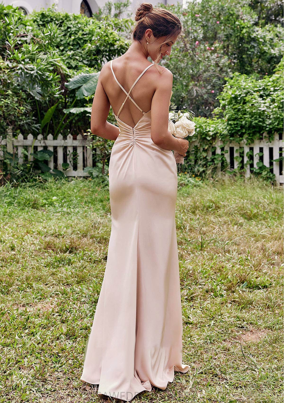 Sheath/Column V Neck Sleeveless Floor-Length Stretch Satin Bridesmaid Dresses with Pleated Sherry DSP0025267