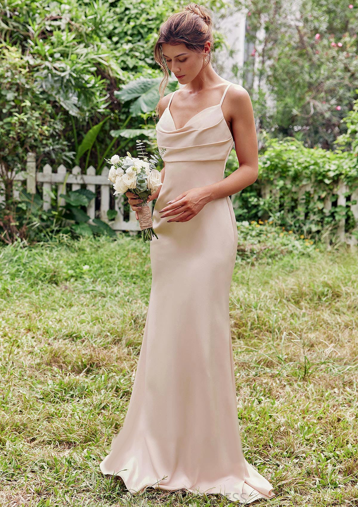 Sheath/Column V Neck Sleeveless Floor-Length Stretch Satin Bridesmaid Dresses with Pleated Sherry DSP0025267