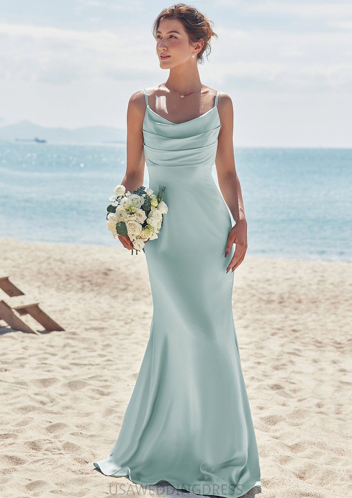 Sheath/Column V Neck Sleeveless Floor-Length Stretch Satin Bridesmaid Dresses with Pleated Rachael DSP0025268
