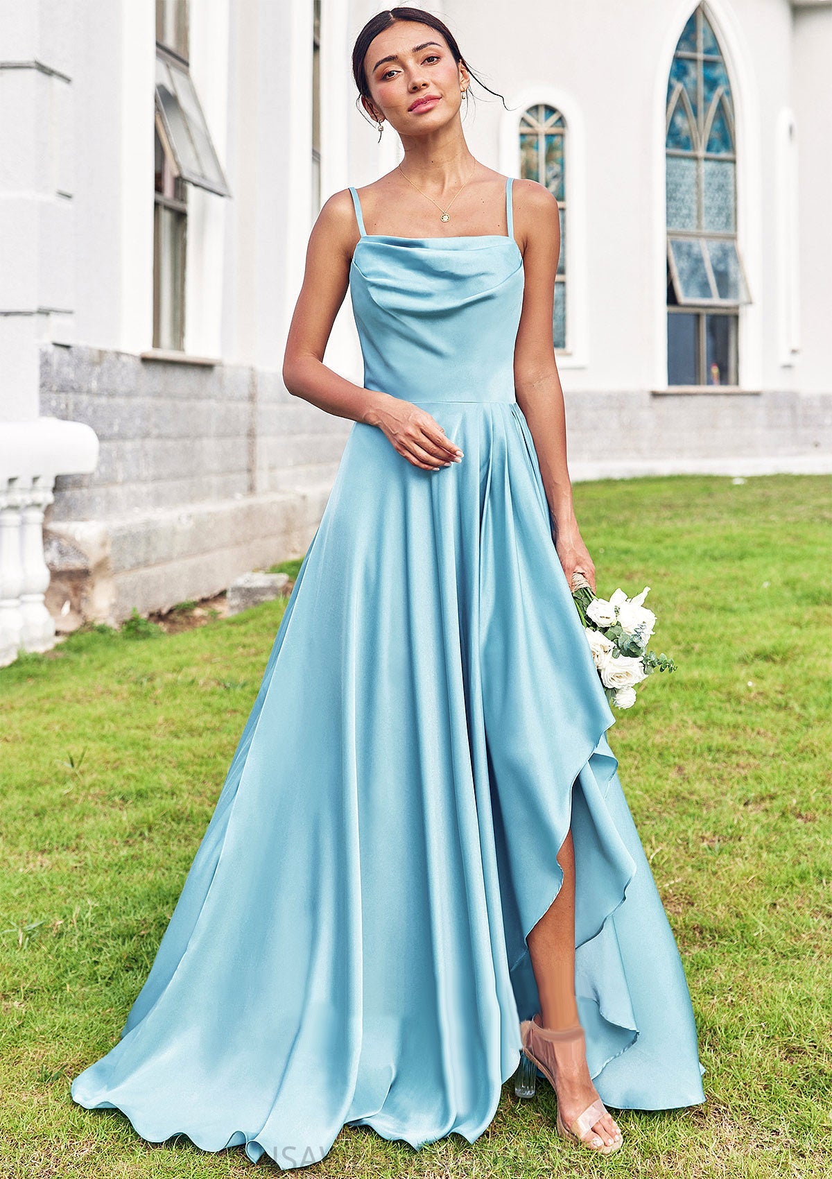 A-line Cowl Neck Sleeveless Floor-Length Stretch Satin Bridesmaid Dresses with Pleated Ruffles Split Xiomara DSP0025270