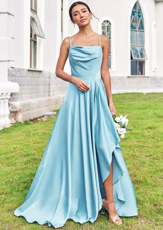 A-line Cowl Neck Sleeveless Floor-Length Stretch Satin Bridesmaid Dresses with Pleated Ruffles Split Xiomara DSP0025270