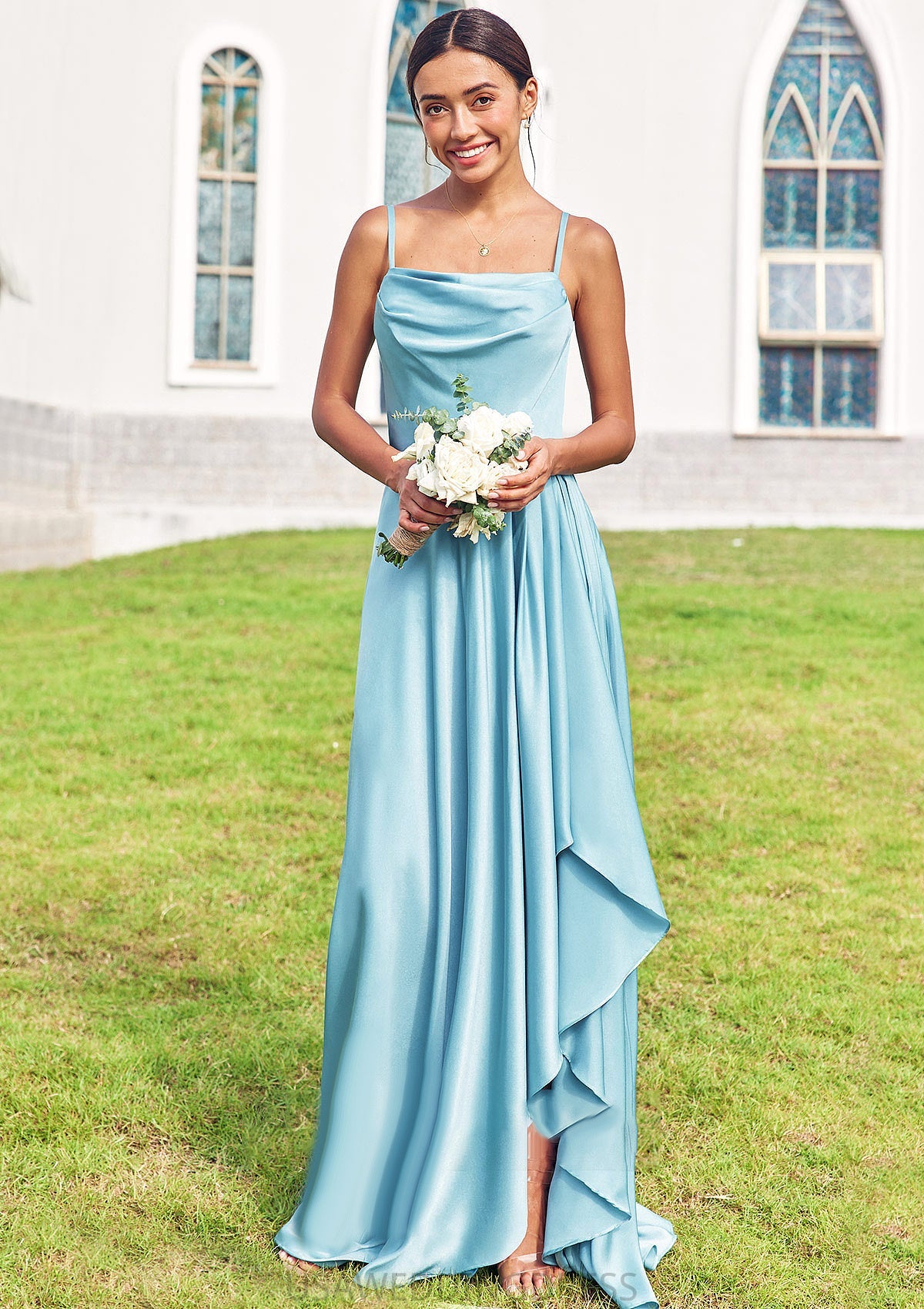 A-line Cowl Neck Sleeveless Floor-Length Stretch Satin Bridesmaid Dresses with Pleated Ruffles Split Xiomara DSP0025270