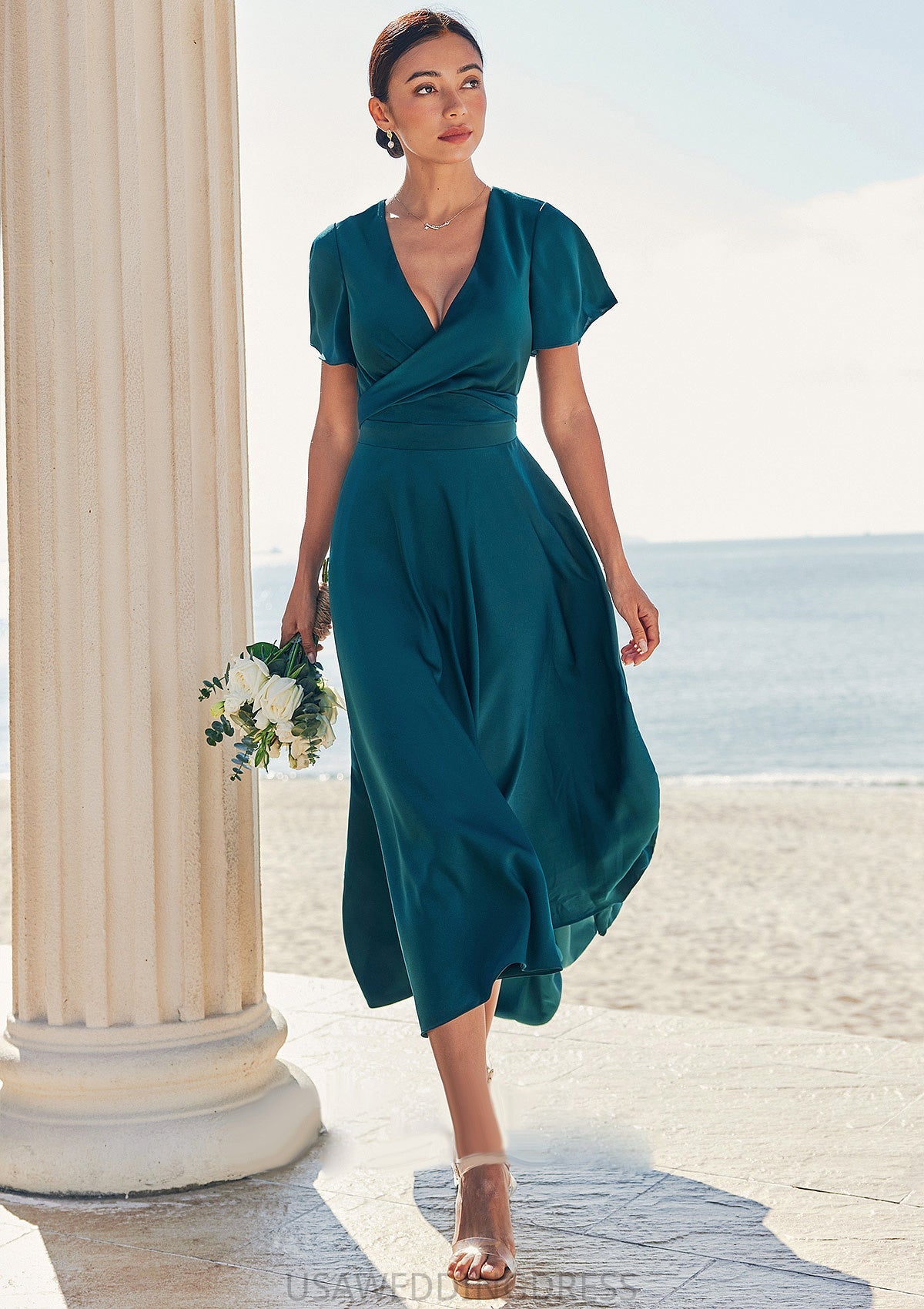 A-line V Neck Short Sleeve Asymmetrical Stretch Satin Bridesmaid Dresses with Bowknot Sashes Setlla DSP0025272