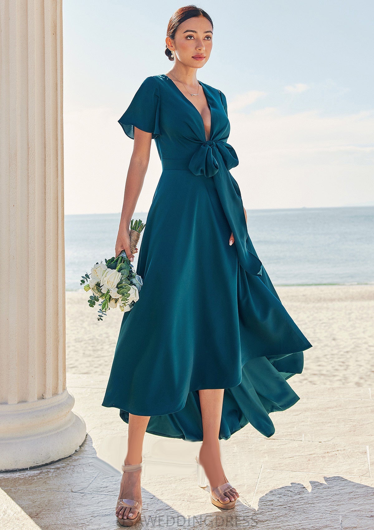 A-line V Neck Short Sleeve Asymmetrical Stretch Satin Bridesmaid Dresses with Bowknot Sashes Setlla DSP0025272