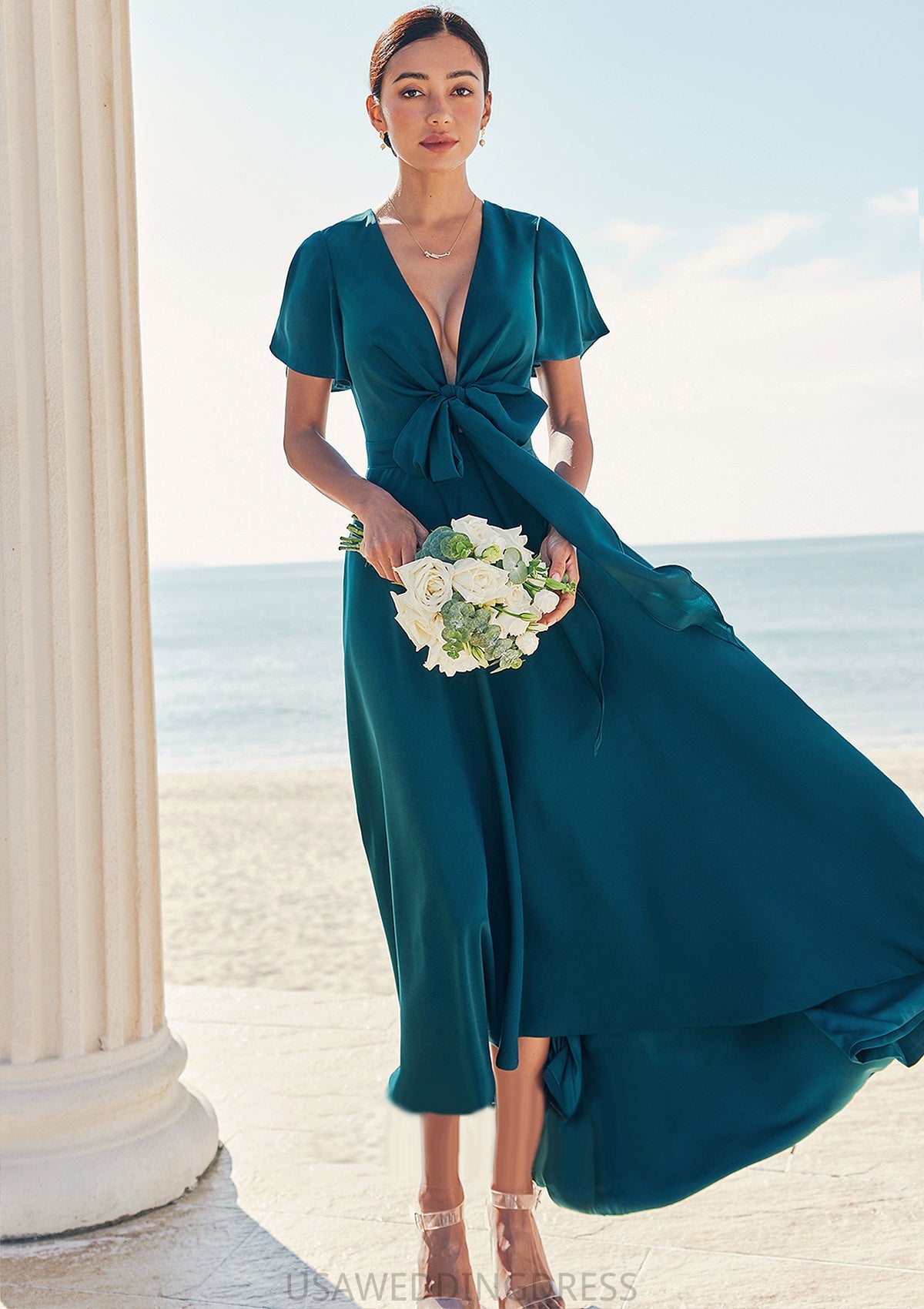 A-line V Neck Short Sleeve Asymmetrical Stretch Satin Bridesmaid Dresses with Bowknot Sashes Setlla DSP0025272