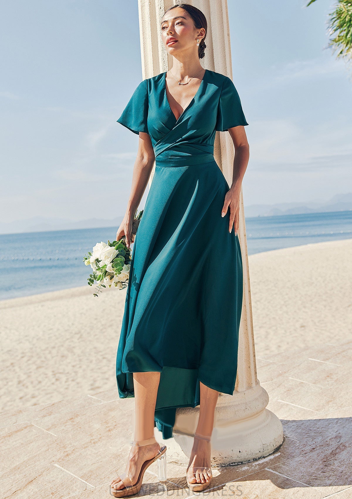 A-line V Neck Short Sleeve Asymmetrical Stretch Satin Bridesmaid Dresses with Bowknot Sashes Setlla DSP0025272